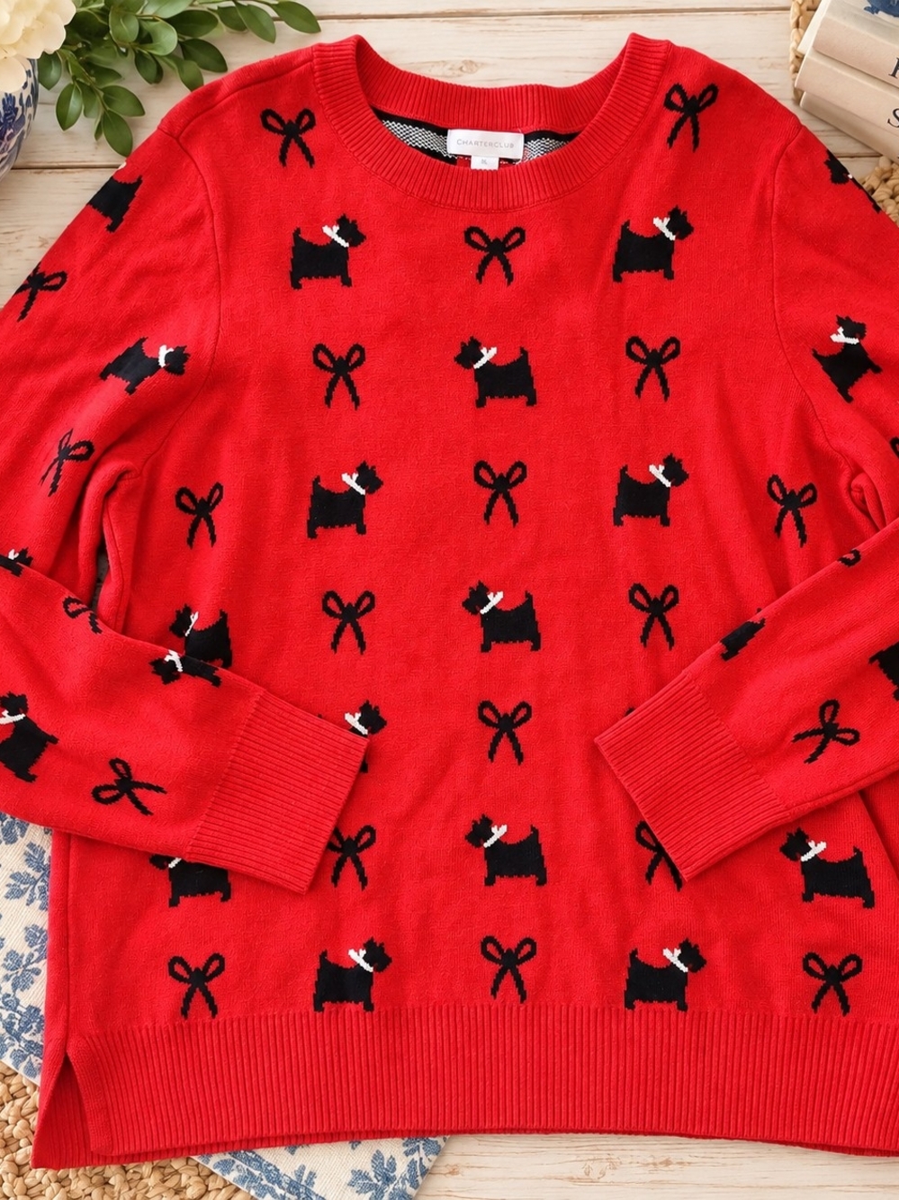 Charter Club Red Crewneck Sweater with Black Scottie & Bow Motif Holiday XL